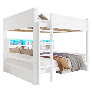 Lit Superposé 160x200 Blanc Avec LED Et Armoires De Rangement Intégrées