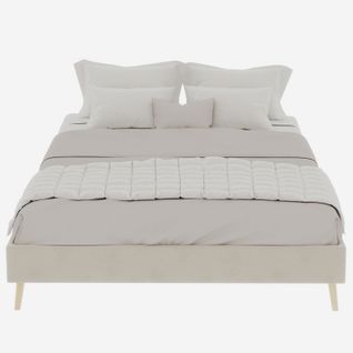 Lit Moderne 140x200 cm En Velours Beige, Boîte Basse, Design Minimaliste