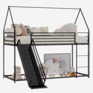 Lit Superposé 190 X 90 Cm Pour Enfants Avec Toboggan Et Maison 2 Places, Noir