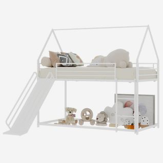 Lit Superposé 190 X 90 Cm Pour Enfants Avec Toboggan Et Maison 2 Places, Blanc