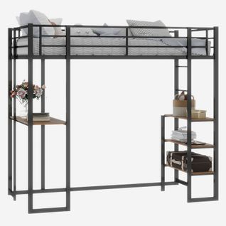 Lit Mezzanine 190x90cm Métal Avec Bureau L Et Escaliers Réversibles Pour Enfants, Noir