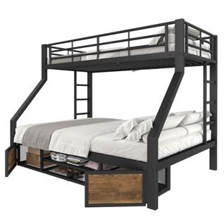 Lit Superposé 90x200/140x200 Avec Rangements Et Armoire à Chaussures, Noir