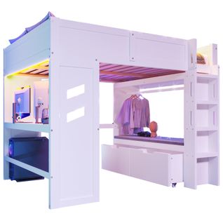 Lit Mezzanine 140x200cm Gaming Avec Bureau, LED Et Ports USB/type-c, Blanc