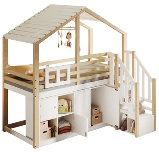 Lit Mezzanine 90x200cm En Forme De Maison Avec Rangements Et Échelle, Blanc/naturel