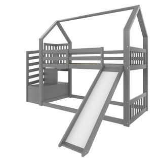 Lit Superposé 90x200cm Avec Toboggan Et Rangement, Style Cabane, Gris