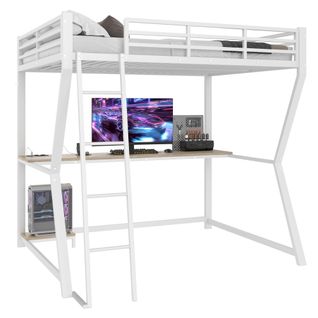 Lit Mezzanine 140x200cm Avec Bureau, LED, Prises Et Rangement, Blanc