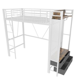 Lit Mezzanine 90x200cm En Métal Avec LED, Tiroirs Et Bureau, Blanc