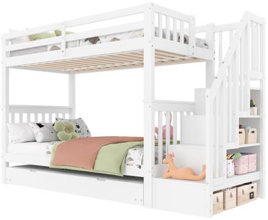 Lit Superposé 90x200 Cm Blanc Avec Tiroir-lit Coulissant Et Garde-corps
