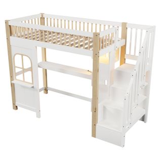 Lit Mezzanine 90x200 Cm Blanc Et Naturel Avec LED, Bureau Et Rangements