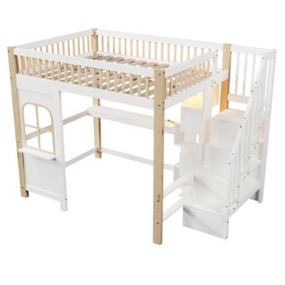 Lit Mezzanine 140x200 Cm Blanc Et Naturel Avec LED, Bureau Et Rangements