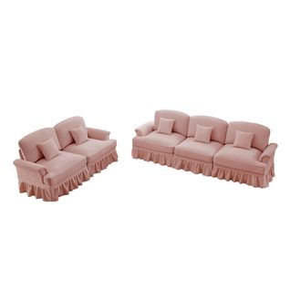 Canapé Modulable 2 Pièces Rose En Chenille – 3 Et 2 Places Avec Volant Amovible