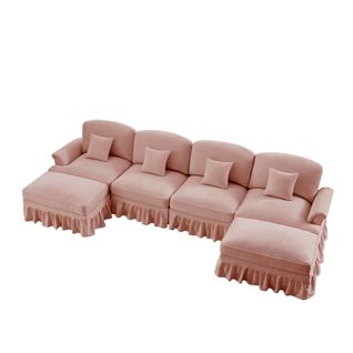 Canapé Modulable En U 4 Places Rose En Chenille Avec Volant Amovible