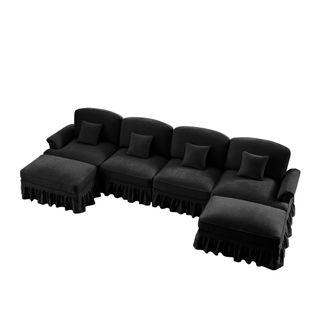 Canapé Modulable En U 4 Places Noir En Chenille Avec Volant Amovible