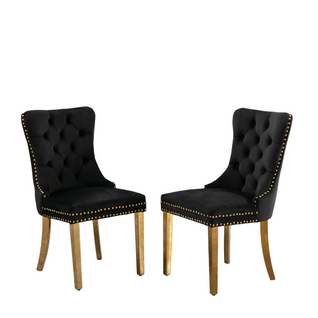 Chaises De Salle à Manger En Velours Noir Avec Pieds Plaqués Or Et Rivets, 2 Pièces