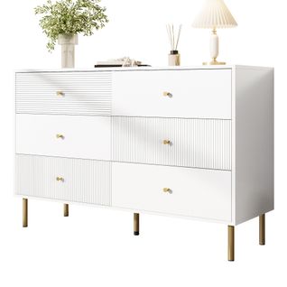 Commode Moderne Blanche 6 Tiroirs Avec Poignées En Alliage De Zinc Et Pieds Acier – 120×40×78 Cm