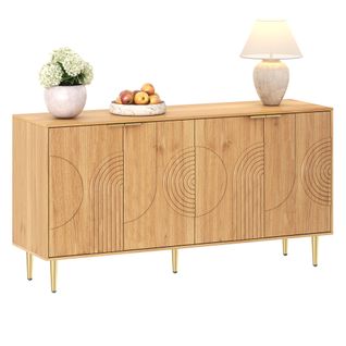 Buffet Naturel 140 Cm à 4 Portes Avec Pieds Métal Dorés Et Étagères Réglables
