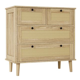 Commode Élégante 4 Tiroirs En Rotin Avec Pieds En Bois Massif