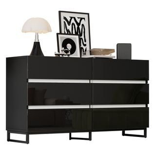 Commode Noir 140 Cm Avec 6 Tiroirs Et Pieds Métalliques Stables
