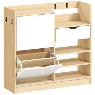 Meuble à Chaussures Avec Tiroirs Basculants, Étagères Et Crochets, Naturel