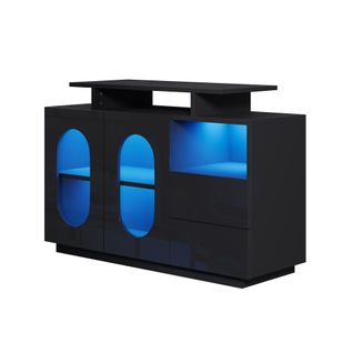 Buffet LED Noir Avec Portes Ovales En Verre Et Rangements Modulables – Design Moderne