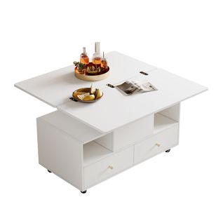 Table Basse 100x50x47,5 Cm Blanche, Relevable, Pliable Avec 4 Tiroirs