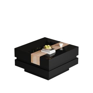 Table Basse 70x70x39 Cm Noire, Extensible Avec Rangement Caché Et Design Bicolore