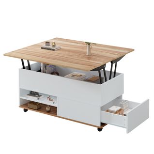 Table Basse 100x98x65 Cm, Réglable En Hauteur Avec Rangement Et Roulettes