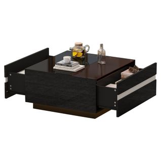 Table Basse 70x70x36 Cm Avec LED, 2 Tiroirs Et Plateau Verre Trempé