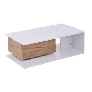 Table Basse Blanche Et Bois Avec Tiroir Pivotant 360° Et Rangement Ouvert