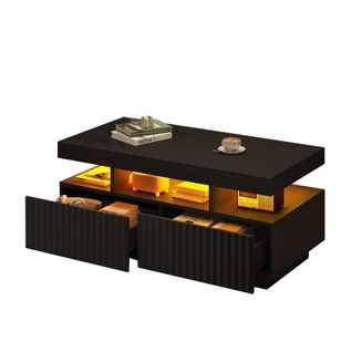 Table Basse 100x50x45 Cm Noire Avec LED Et 2 Tiroirs à Rayures Verticales