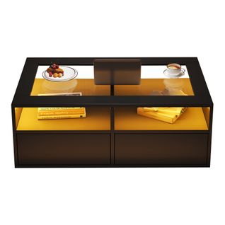 Table Basse 100x50x35 Cm Noire Avec LED Et 2 Tiroirs Double Niveau