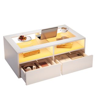 Table Basse 100x50x35 Cm Blance Avec LED Et 2 Tiroirs Double Niveau