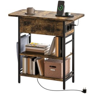 Table D’appoint Rustique Avec Prises, USB Et Deux Étagères, Brun