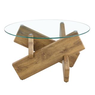 Table Basse Ronde En Verre Trempé 79 Cm Avec Piètement Bois Croisé Mdf Multicolore