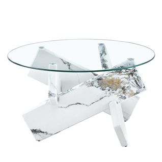 Table Basse Ronde Moderne En Mdf Et Verre Avec Pieds Imitation Marbre Blanc 79 Cm