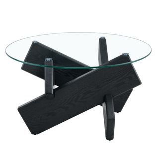 Table Basse Ronde Moderne En Mdf Et Verre Avec Pieds Croisés Noir Bois 79 Cm