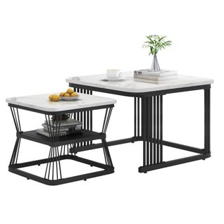 Ensemble De 2 Tables Basses Modernes, Mdf Effet Marbre Et Pieds En Acier Noir