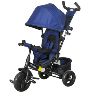 Tricycle 6-en-1 Enfant Bleu Foncé Avec Canopy Amovible, Panier Et Harnais 5 Points
