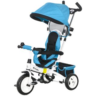 Tricycle 6-en-1 Enfant Bleu Avec Canopy Amovible, Panier Et Harnais 5 Points