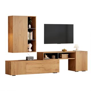 Ensemble Meuble TV Modulable 174-265 Cm Bois Et Noir Avec Vitrine