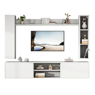 Ensemble Meuble TV 180 Cm Blanc Avec Vitrines, Étagères Et Rangement