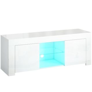 Meuble TV Blanc Avec LED Rgb, 2 Portes Et Étagère En Verre, 120 Cm