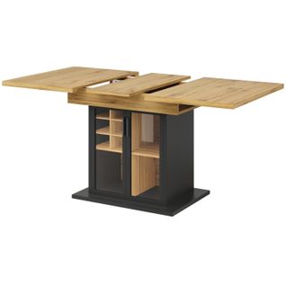 Table Extensible 110-140 cm Avec Plateau Mdf, Vinothèque Et Porte Verre