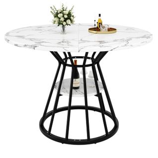 Table Ronde Marmo Métal Noir Et Doré Avec Étagère Centrale Pour Cuisine