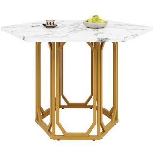 Table Hexagonale Effet Marbre Avec Pieds Métal Dorés Et Plateau Mdf 110 Cm