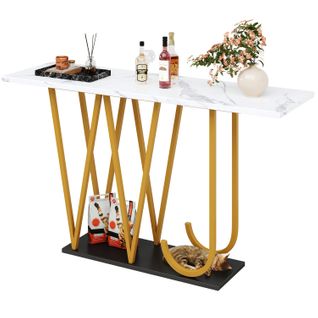 Table De Couloir 120 Cm Blanche Marbre Avec Pieds Métal Doré Et Noir