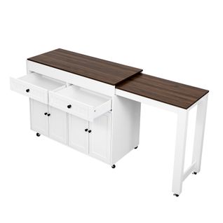 Desserte De Cuisine Mobile Blanc Et Noyer Avec Plan Extensible Et Rangements