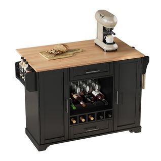 Îlot De Cuisine Mobile Noir 138 Cm Avec Plan Rabattable, Rangements Et Support à Vin