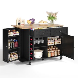 Îlot De Cuisine Noir 120 Cm Avec Plan Rabattable, Rangement Et Support à Vin
