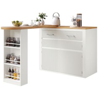 Table De Bar Mobile Extensible 137-215cm Avec Tiroir, Étagères Et Rangement, Blanc